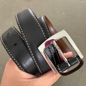 Brooks Brothers Men Black Leather Belt White Contrast Stitch Silver Buckle 36/90